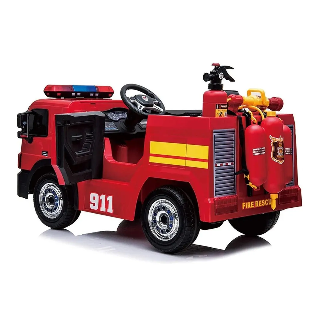 2025 Fire Truck Style Ride-On | 12V | Upgraded | Lots of Lights | Water Gun | Hat | Fire Extinguisher | Big 1 Seater | Remote