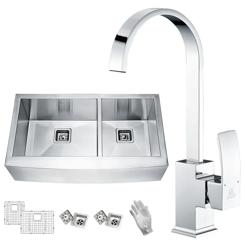 ANZZI Elysian Farmhouse 36 in. 60/40 Double Bowl Kitchen Sink with Faucet in Polished Chrome