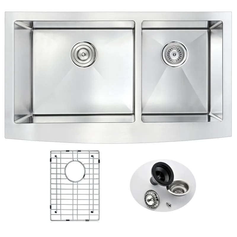 ANZZI Elysian Farmhouse Stainless Steel 36 in. 0-Hole 60/40 Double Bowl Kitchen Sink in Brushed Satin