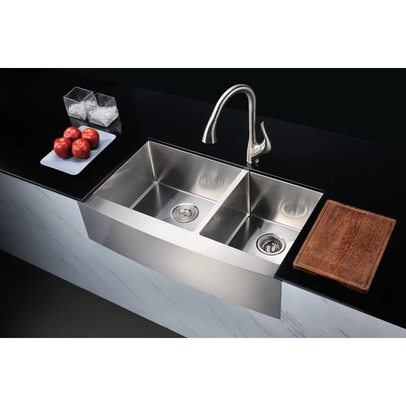 ANZZI Elysian Farmhouse Stainless Steel 36 in. 0-Hole 60/40 Double Bowl Kitchen Sink in Brushed Satin