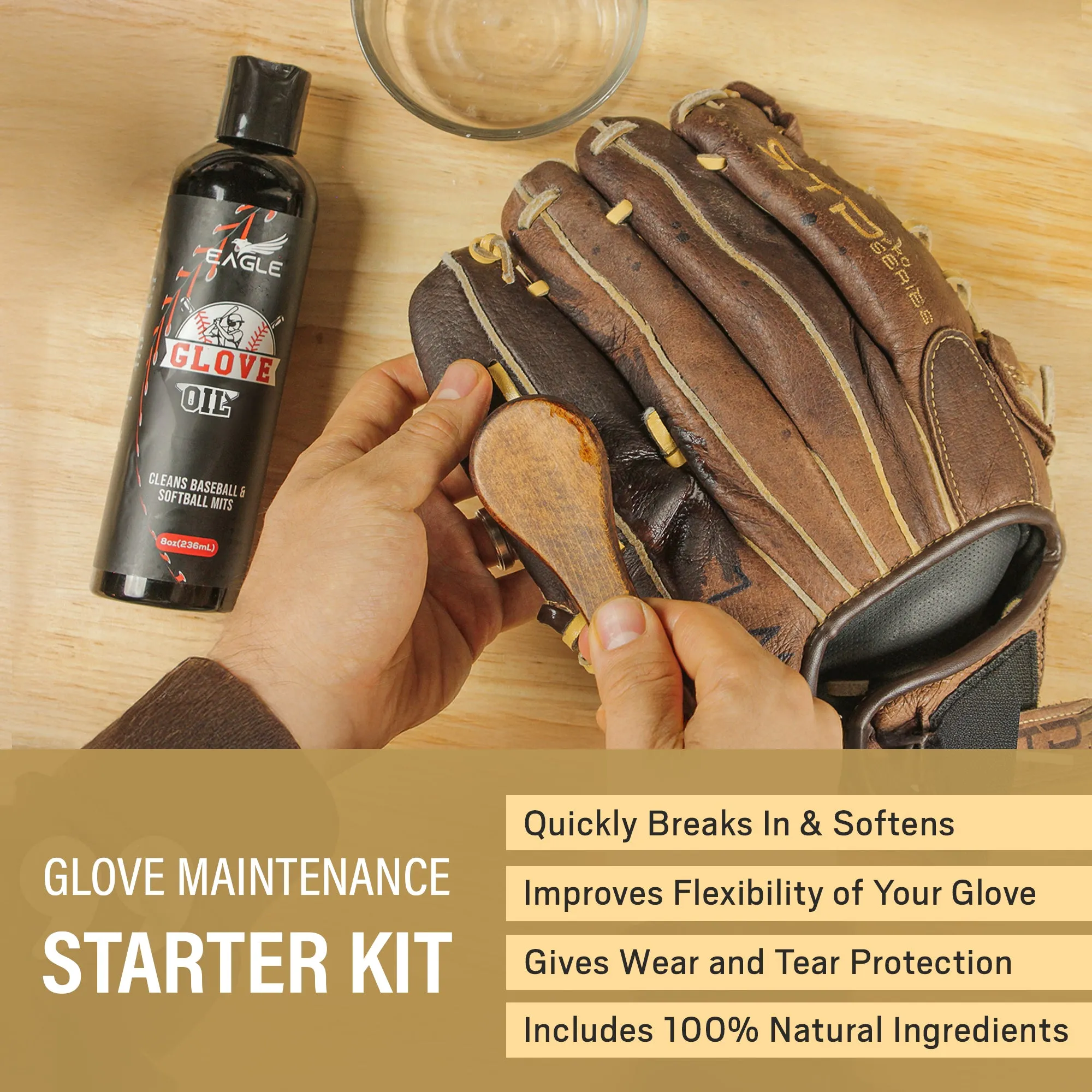 Eagle Glove Break in Kit - Includes Glove Oil (8.45oz), Conditioner (3.38oz), wrap, mallet & applicator & cloth, 6-Pieces Set for baseball gloves, football gloves & more