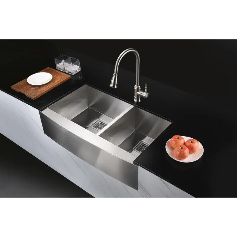 Elysian 32.88" Double Basin Farmhouse Apron Kitchen Sink with Square Drain in Brushed Satin