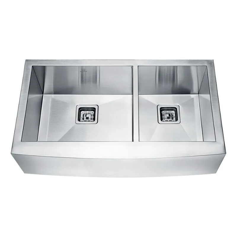 Elysian 32.88" Double Basin Farmhouse Apron Kitchen Sink with Square Drain in Brushed Satin