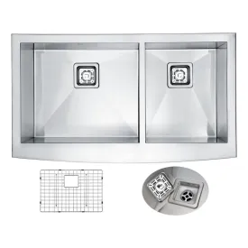 Elysian 32.88" Double Basin Farmhouse Apron Kitchen Sink with Square Drain in Brushed Satin