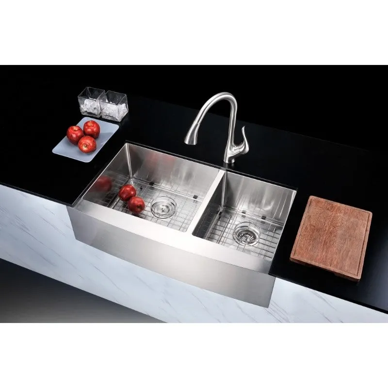 Elysian 35.88" Double Basin Farmhouse Apron Kitchen Sink in Brushed Satin