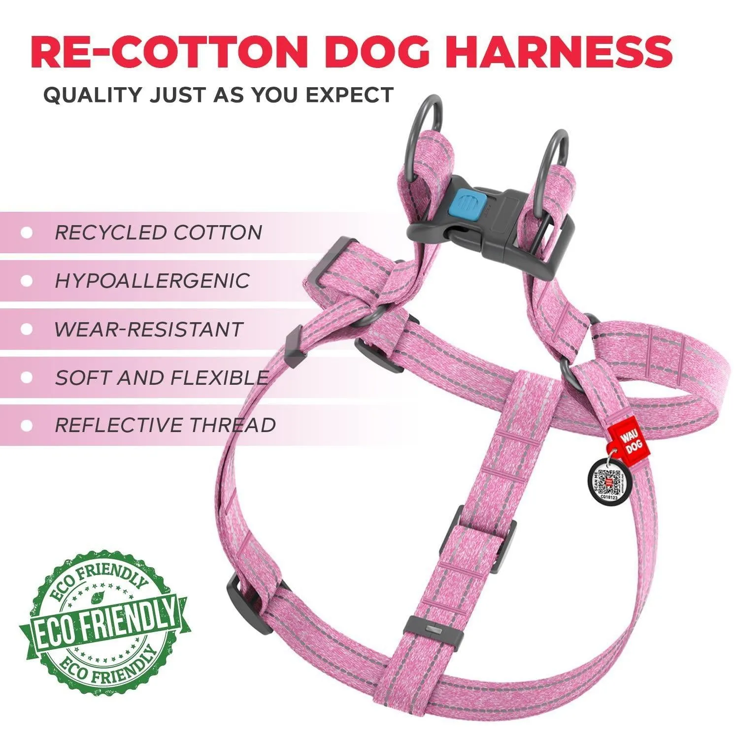 Pink Cotton Dog Harness Eco Friendly Adjustable for Medium Dogs M Size 2332 in