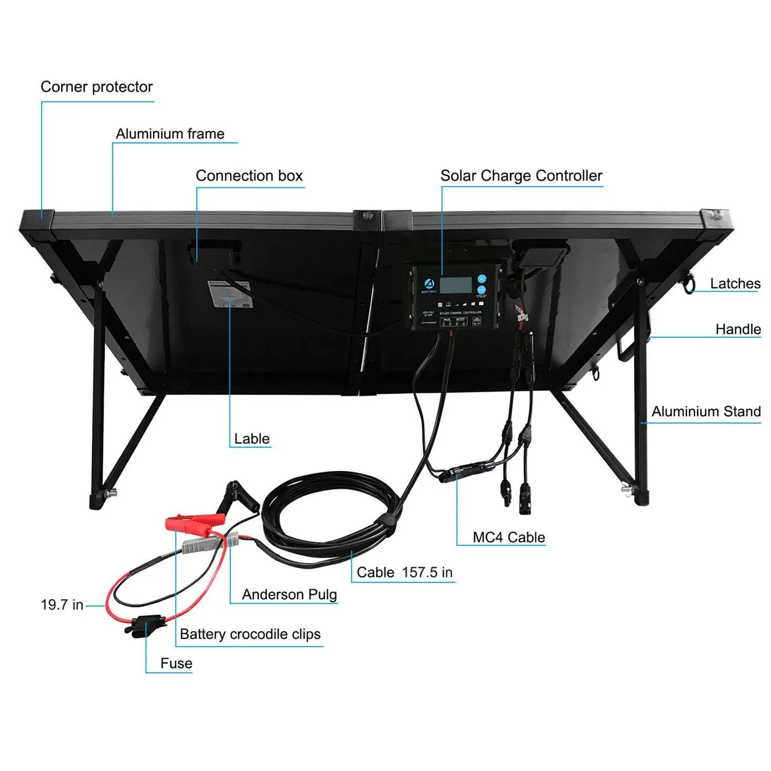 PTK100W Portable Solar Panel kit, Foldable 2X 50w Mono Suitcase, proteusX 20A Charge Controller